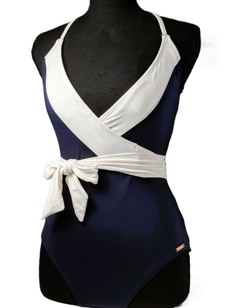 Vince Camuto White Navy Belted One Piece Halter Swimsuit Sz 6 New
